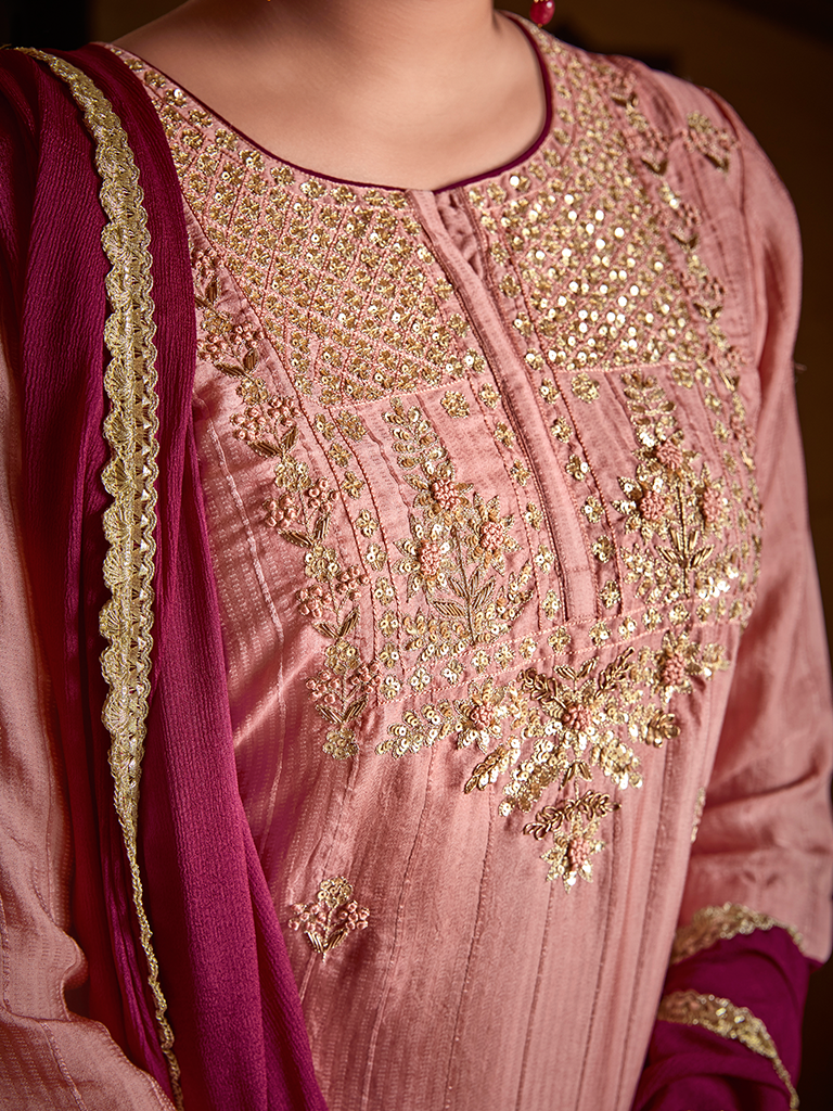 Peach Straight Zardozi Embroided Kurta With Palazzo And Chinon Embroidered Dupatta