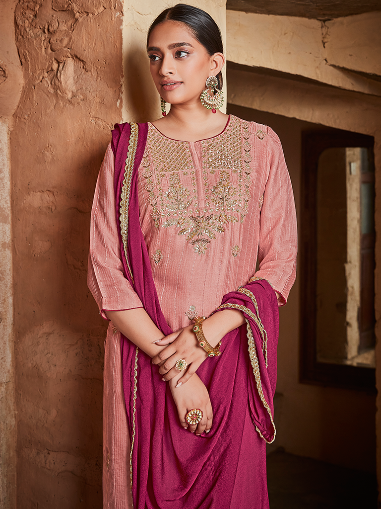 Peach Straight Zardozi Embroided Kurta With Palazzo And Chinon Embroidered Dupatta