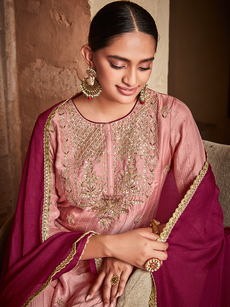 Peach Straight Zardozi Embroided Kurta With Palazzo And Chinon Embroidered Dupatta
