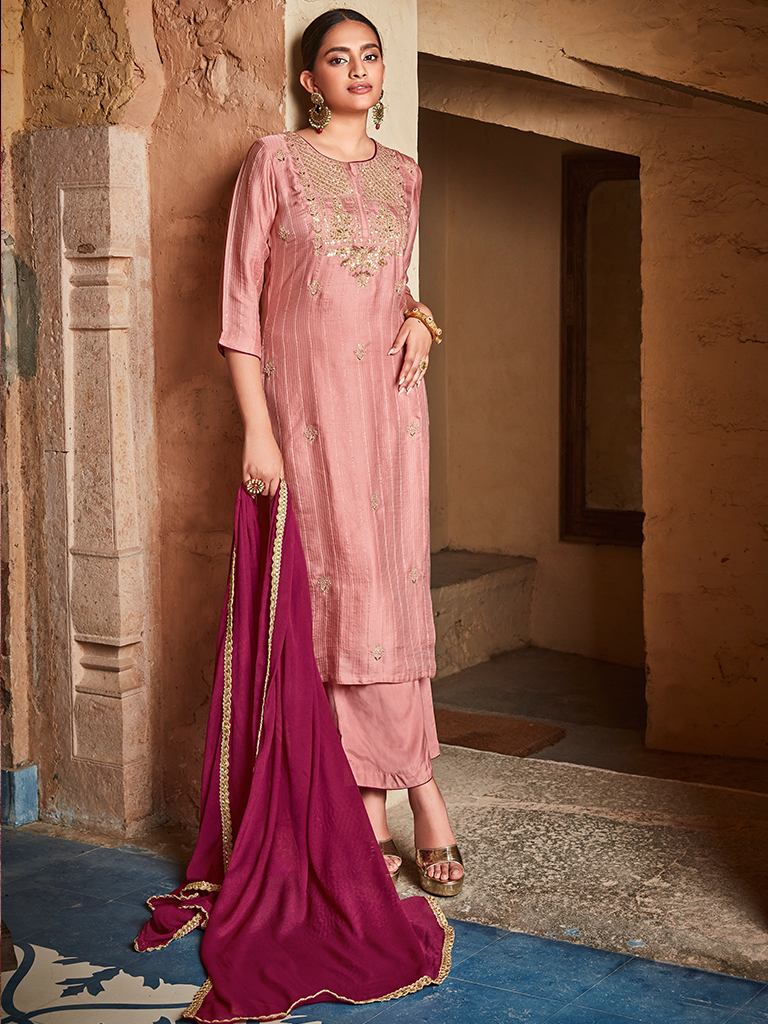 Peach Straight Zardozi Embroided Kurta With Palazzo And Chinon Embroidered Dupatta