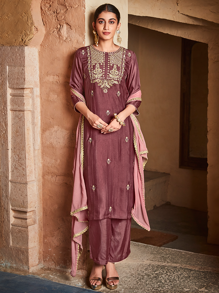 Wine Color Straight Zardozi Embroided Kurta With Palazzo And Chinon Embroidered Dupatta