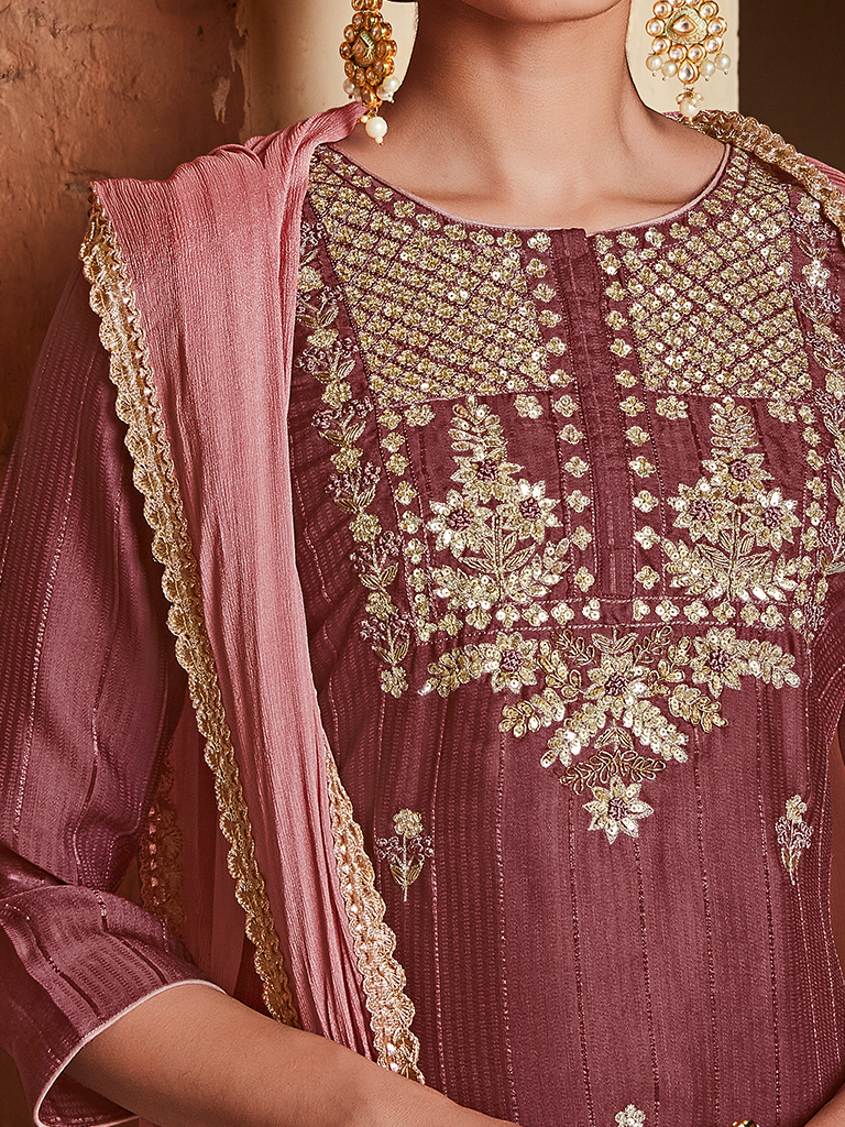 Wine Color Straight Zardozi Embroided Kurta With Palazzo And Chinon Embroidered Dupatta
