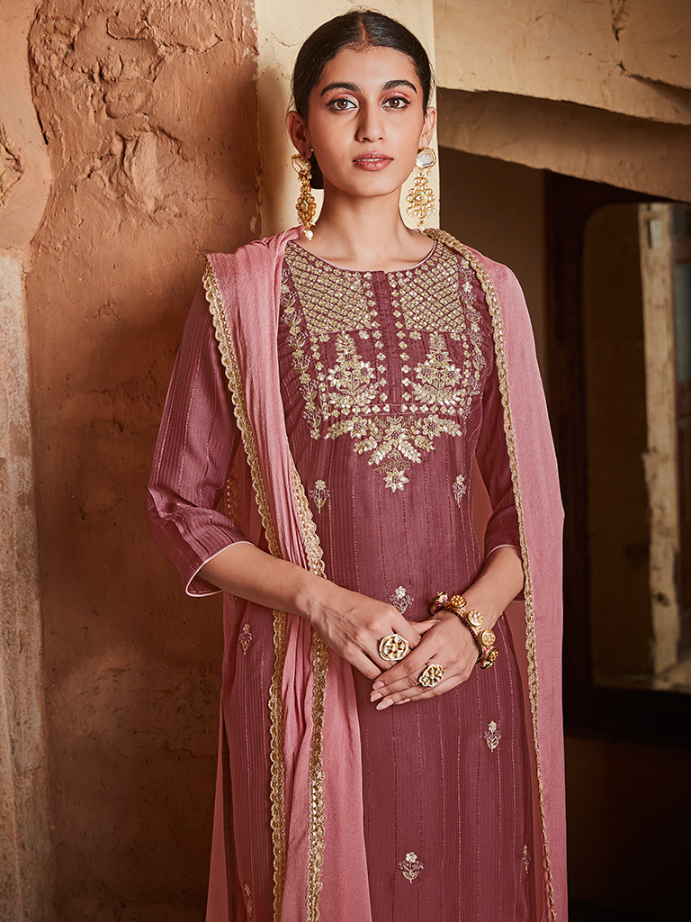Wine Color Straight Zardozi Embroided Kurta With Palazzo And Chinon Embroidered Dupatta