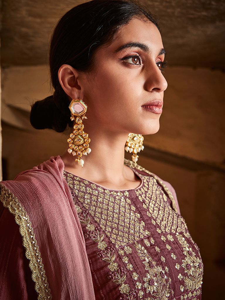 Wine Color Straight Zardozi Embroided Kurta With Palazzo And Chinon Embroidered Dupatta