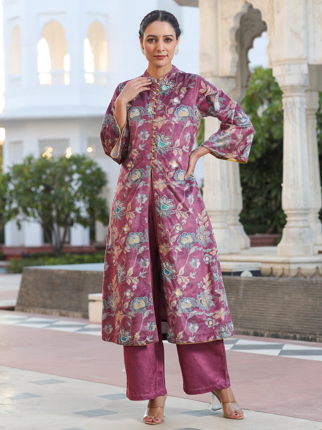 Magenta Printed Embroidered Velvet Straight Kurta Paired With Solid Velvet Palazzo