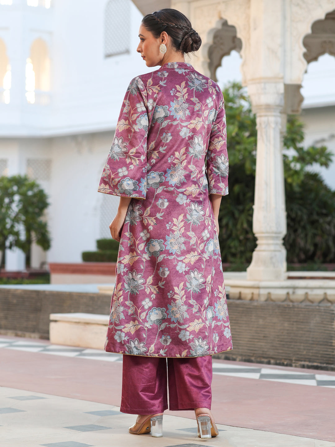 Magenta Printed Embroidered Velvet Straight Kurta Paired With Solid Velvet Palazzo