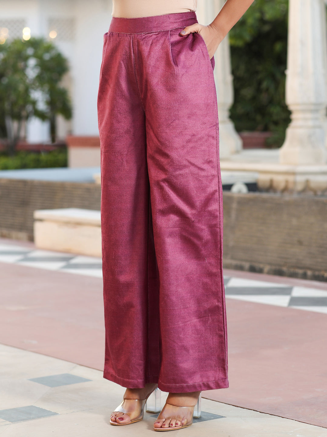 Magenta Printed Embroidered Velvet Straight Kurta Paired With Solid Velvet Palazzo