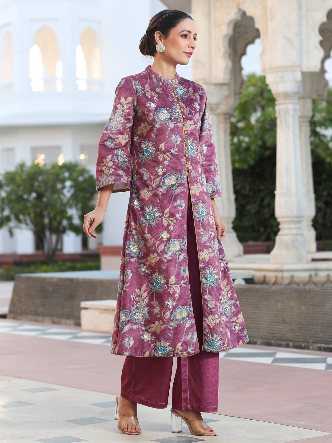 Magenta Printed Embroidered Velvet Straight Kurta Paired With Solid Velvet Palazzo