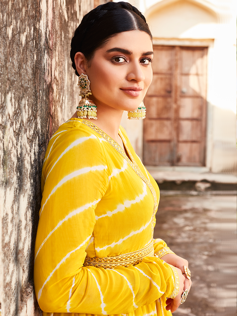 Yellow Lehriya Flared Jacket With Skirt And Dupatta And Mirror Work Belt