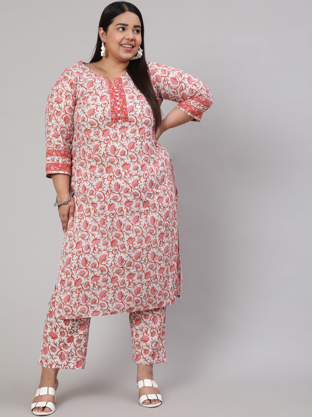 White & Pink Printed Straight Kurta Paired With Printed Palazzo
