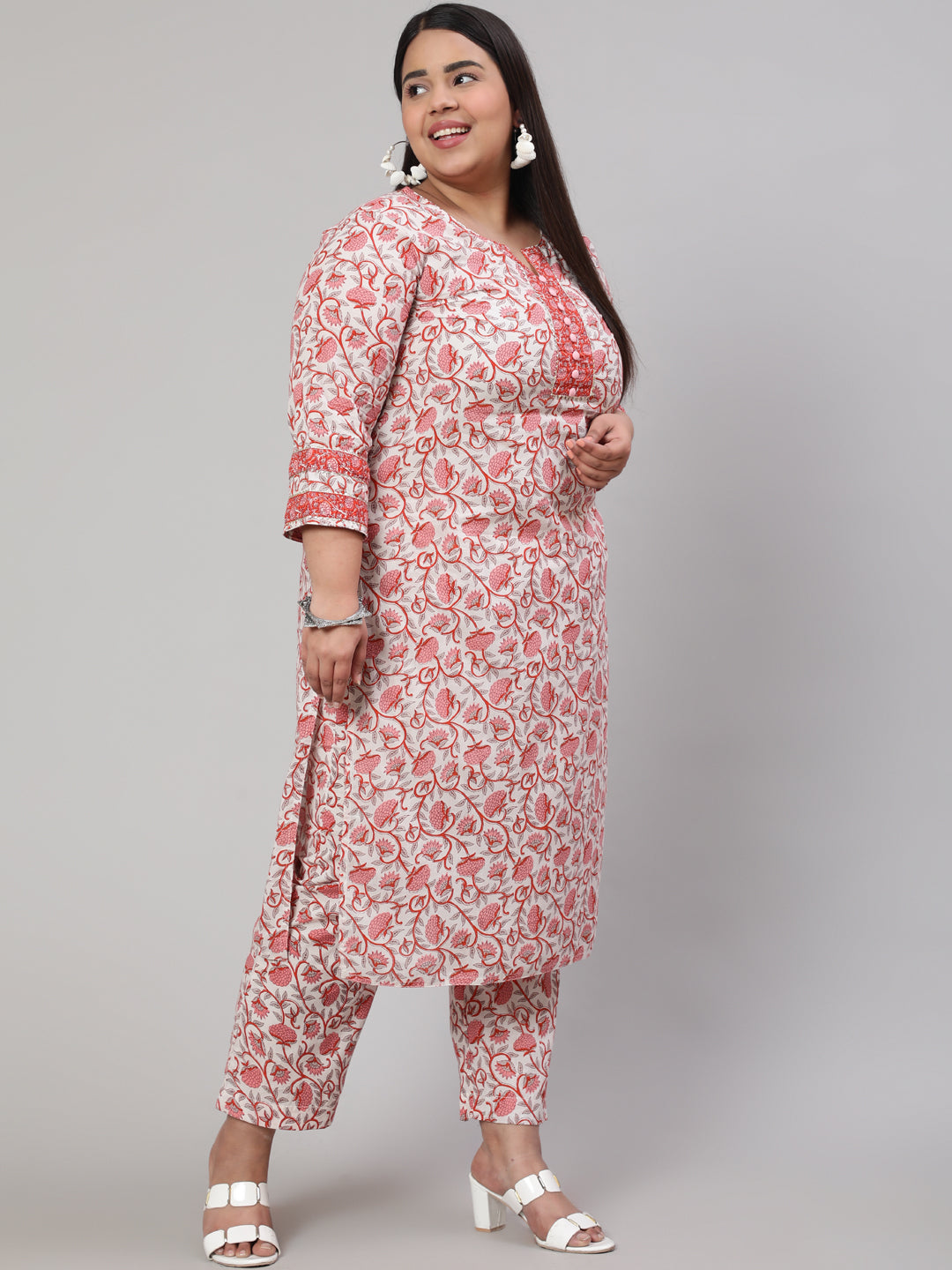 White & Pink Printed Straight Kurta Paired With Printed Palazzo
