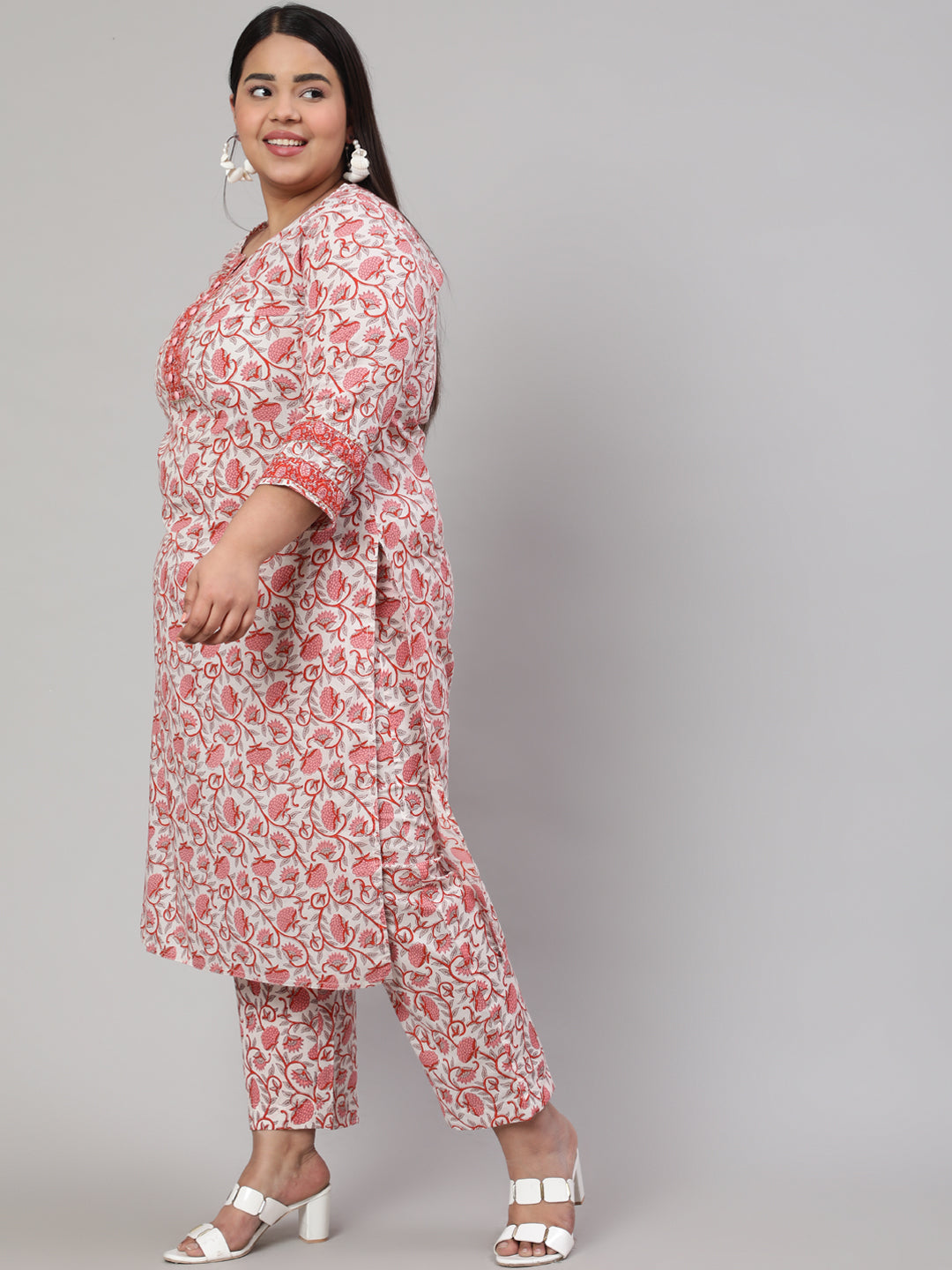 White & Pink Printed Straight Kurta Paired With Printed Palazzo