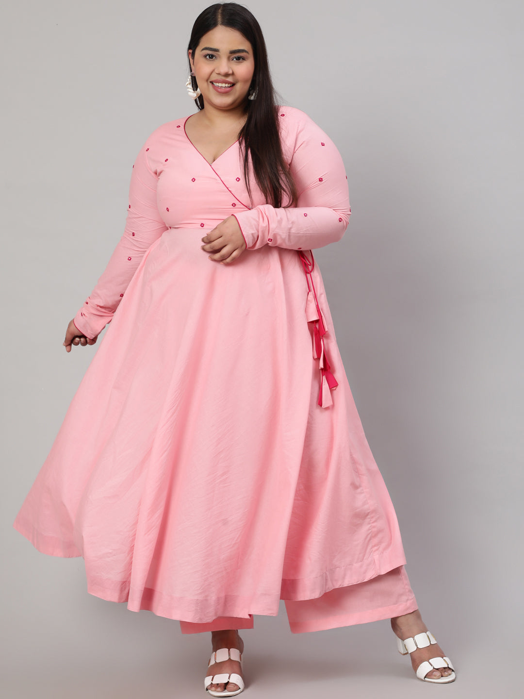 Pink Plus Size Mirror Embroidered Anarkali Kurta With Flared Pink Palazzo