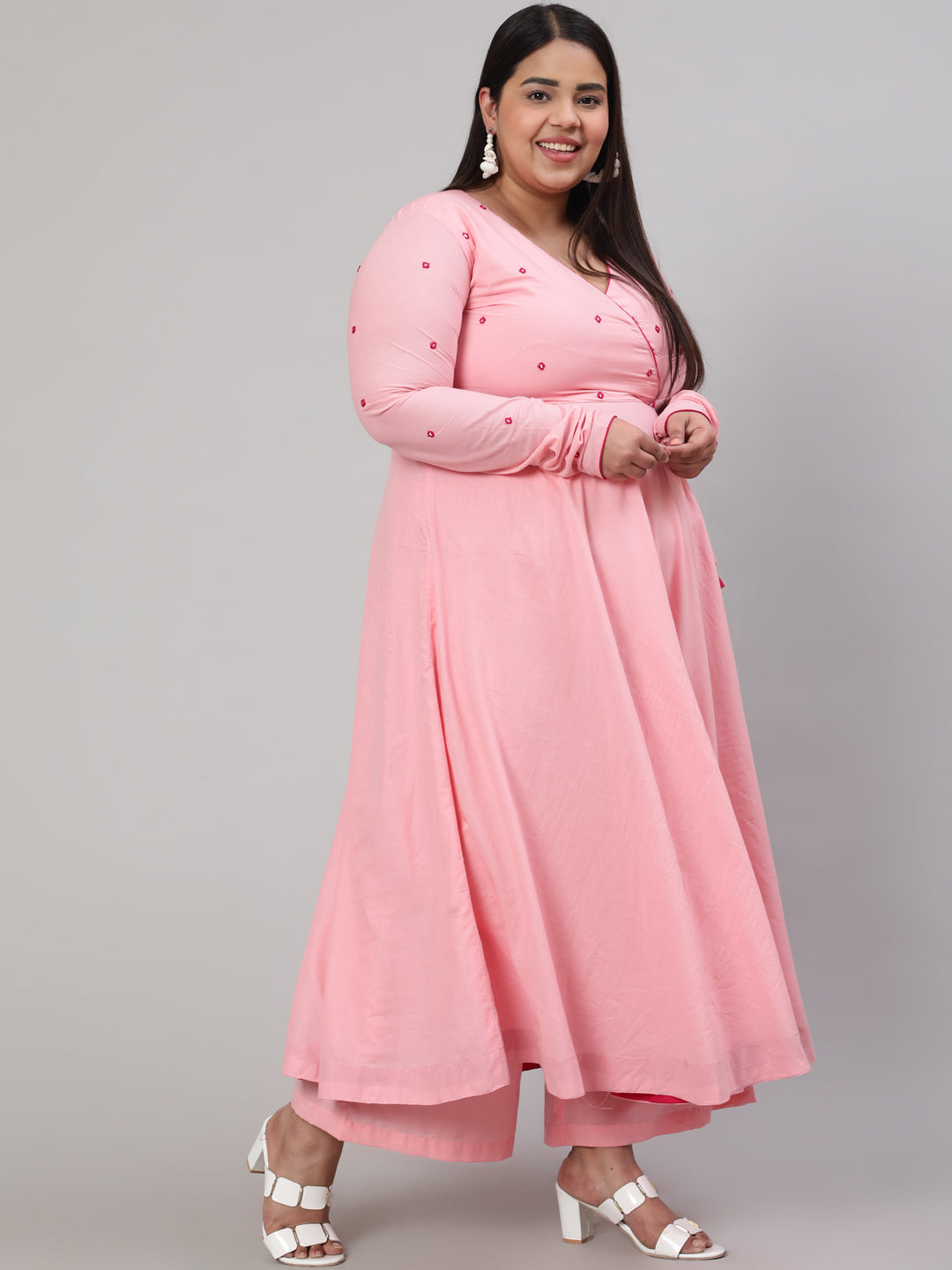 Pink Plus Size Mirror Embroidered Anarkali Kurta With Flared Pink Palazzo