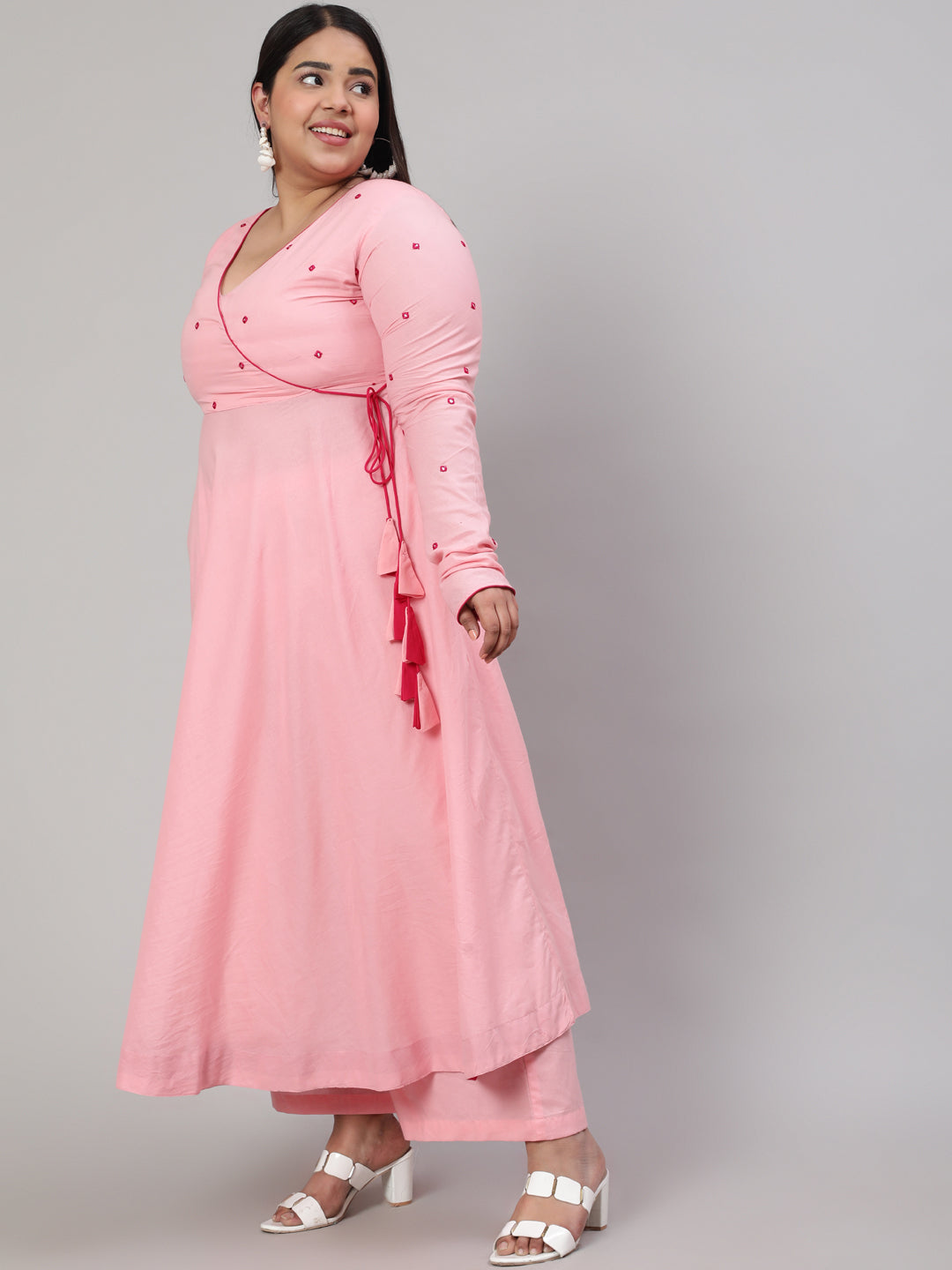 Pink Plus Size Mirror Embroidered Anarkali Kurta With Flared Pink Palazzo
