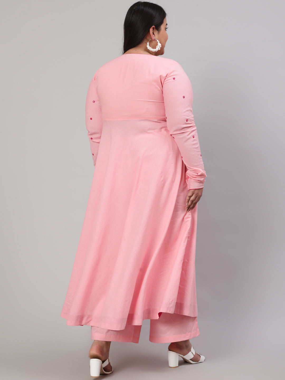 Pink Plus Size Mirror Embroidered Anarkali Kurta With Flared Pink Palazzo