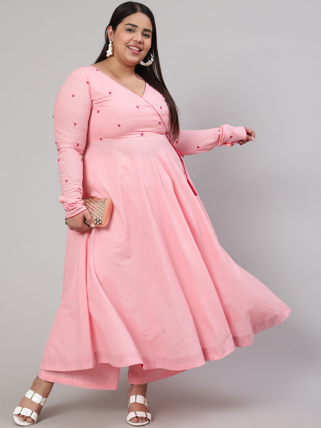 Pink Plus Size Mirror Embroidered Anarkali Kurta With Flared Pink Palazzo