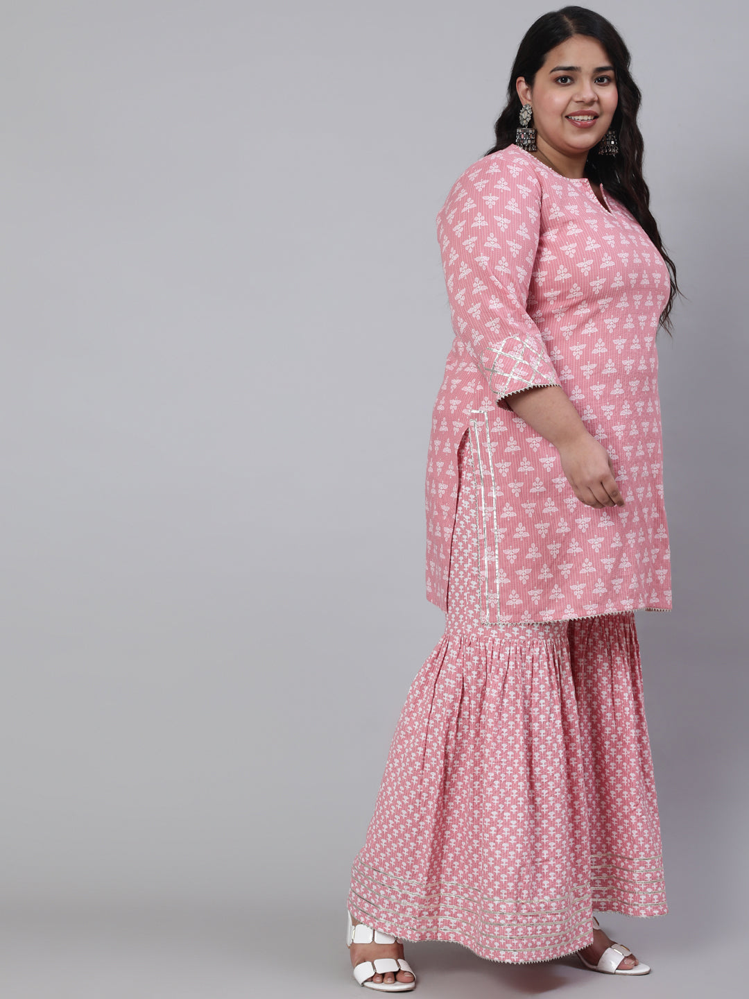 Pink Plus Size Woven Straight Printed Embroidered Kurta Set With Solid Dupatta
