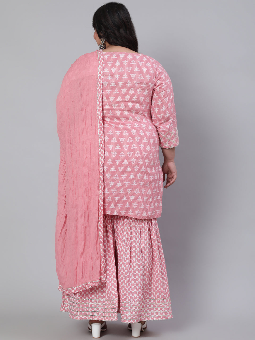 Pink Plus Size Woven Straight Printed Embroidered Kurta Set With Solid Dupatta