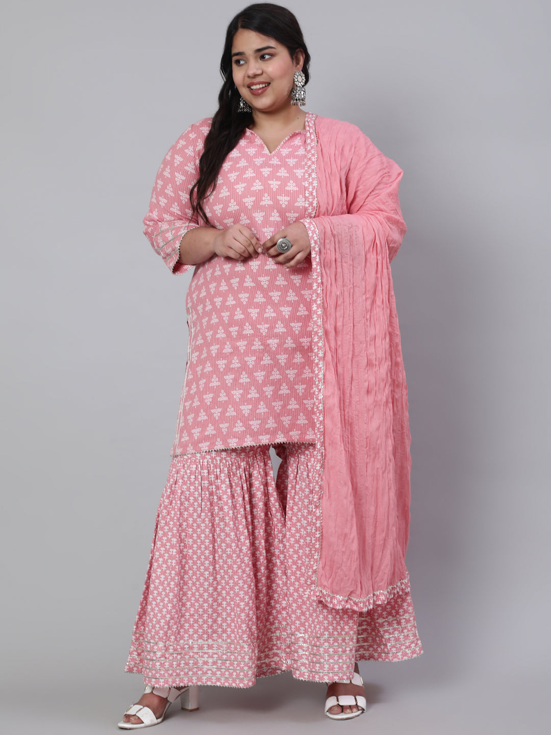 Pink Plus Size Woven Straight Printed Embroidered Kurta Set With Solid Dupatta