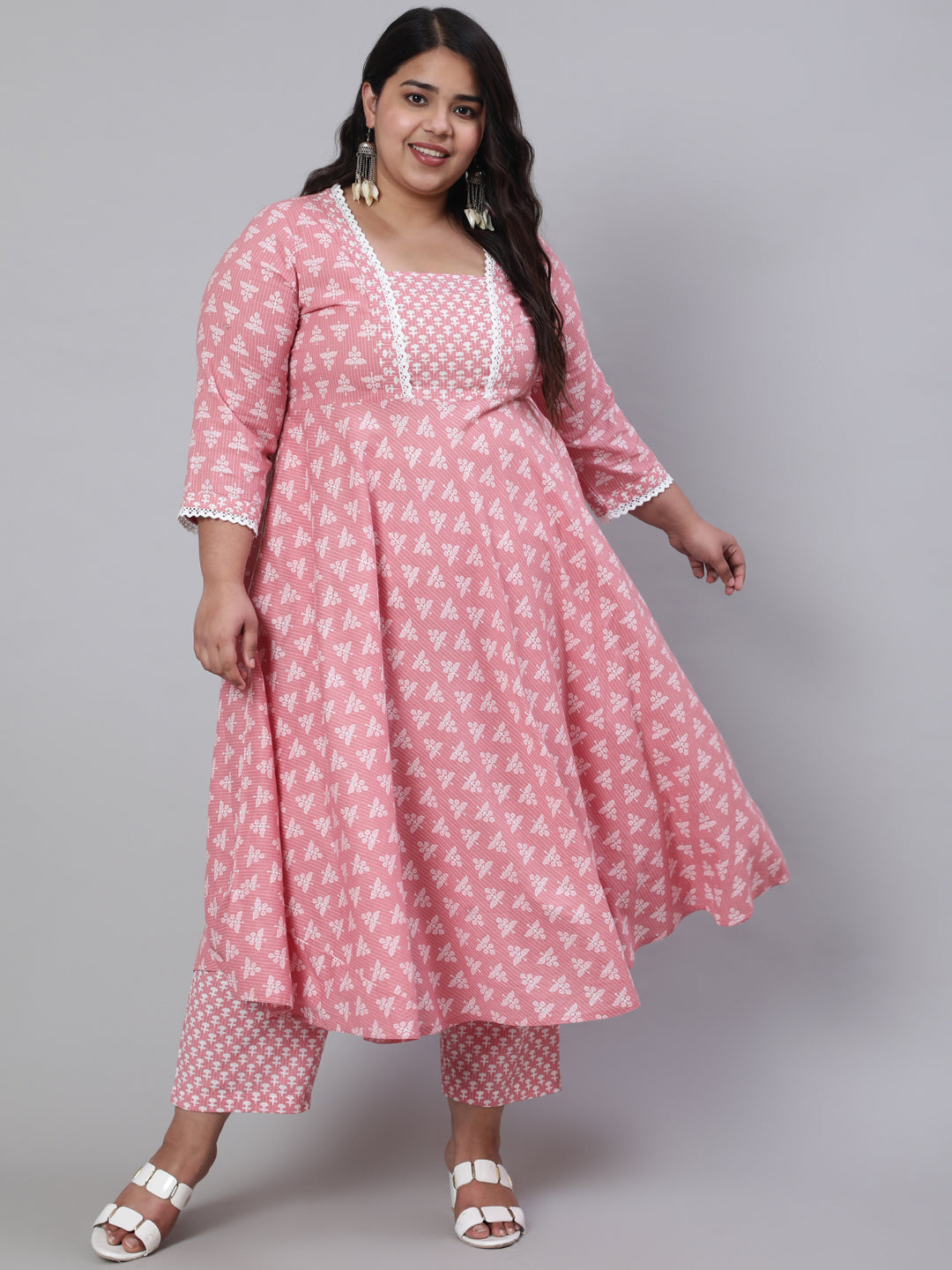Pink Plus Size Woven Ethnic Print Embroidered Flared Laced Kurta With Printed Palazzo