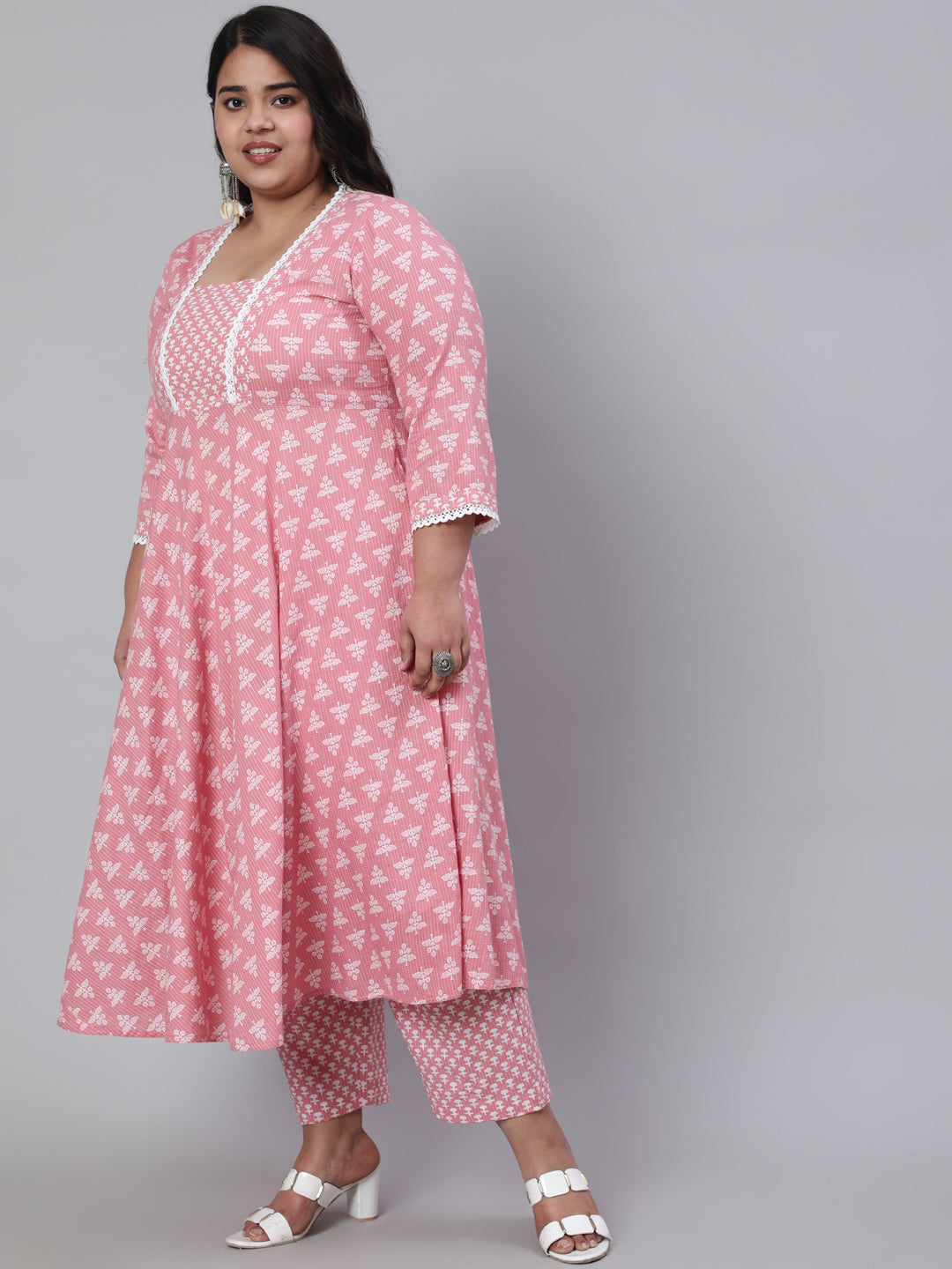 Pink Plus Size Woven Ethnic Print Embroidered Flared Laced Kurta With Printed Palazzo