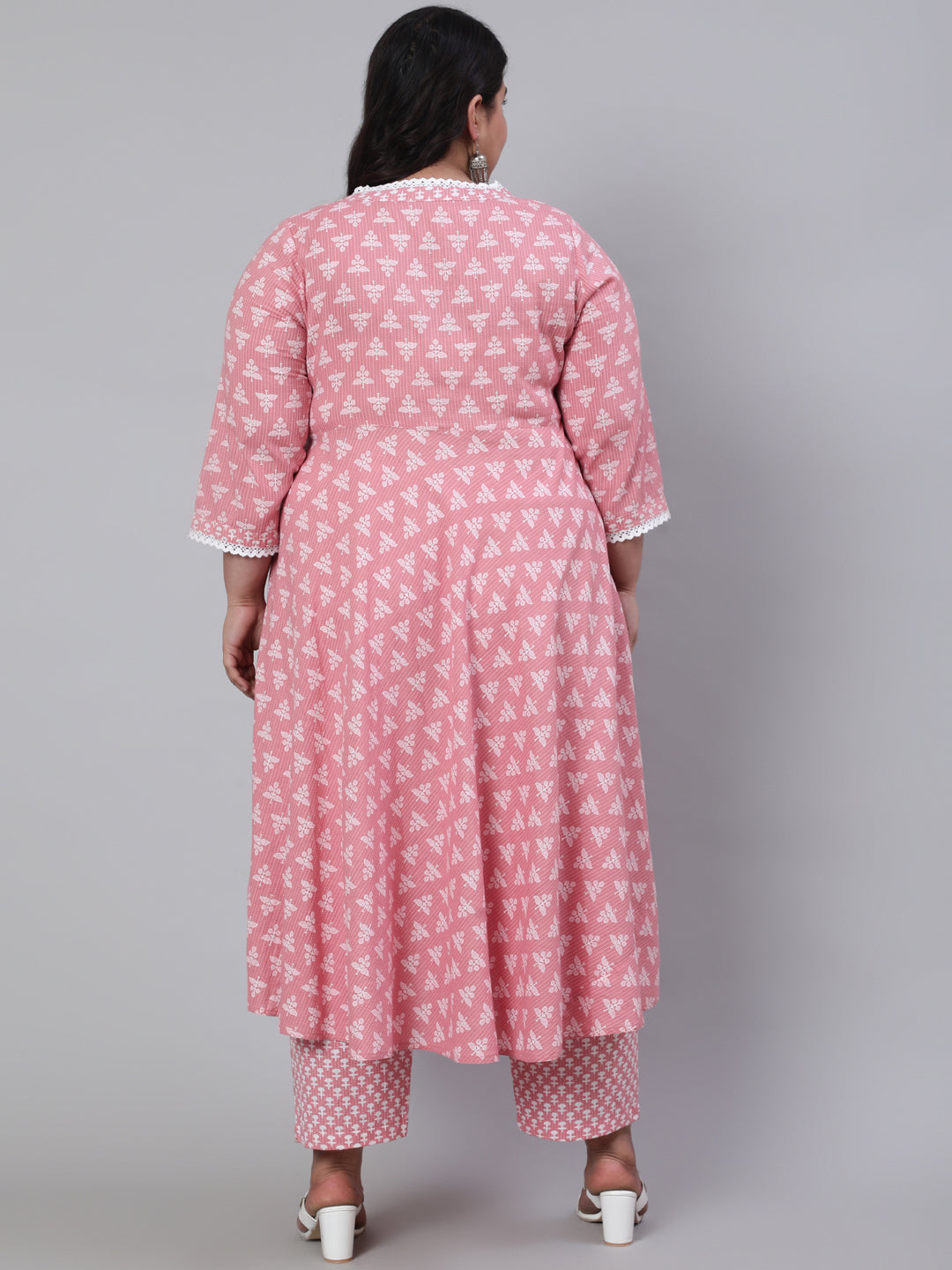 Pink Plus Size Woven Ethnic Print Embroidered Flared Laced Kurta With Printed Palazzo