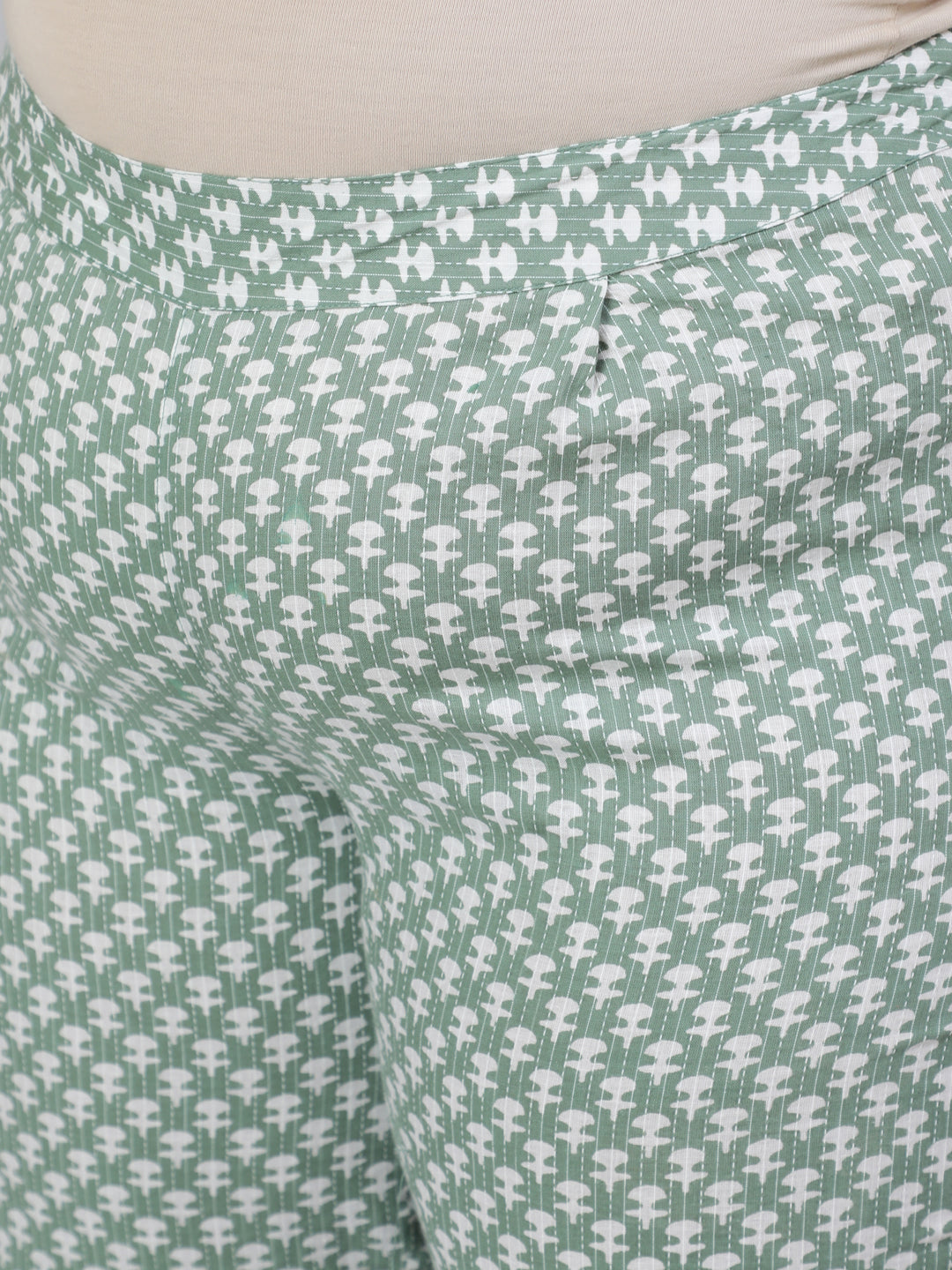 Green Plus Size Woven Ethnic Print Embroidered Flared Laced Kurta With Printed Palazzo