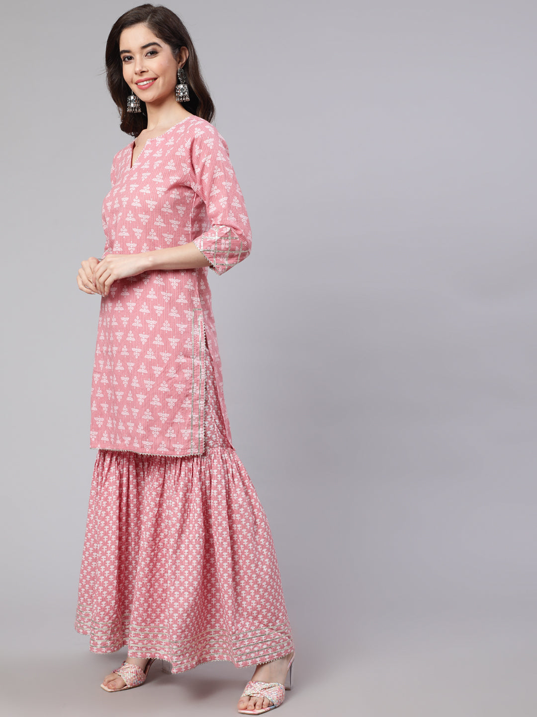 Pink Woven Straight Printed Embroidered Kurta Set With Solid Dupatta
