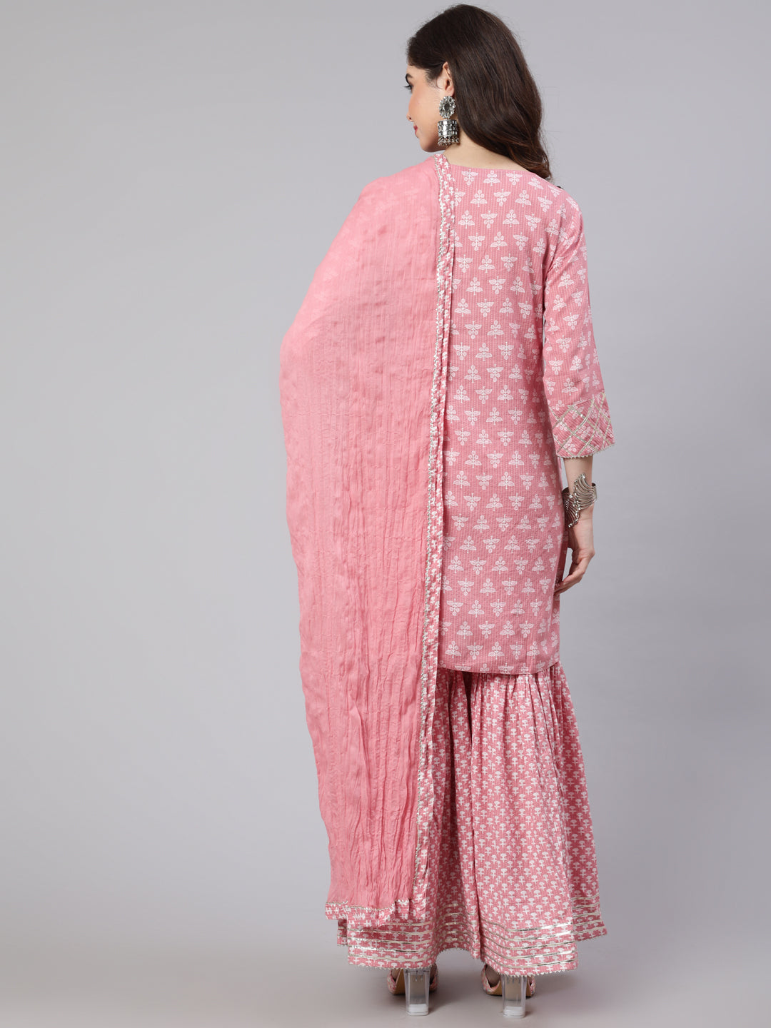 Pink Woven Straight Printed Embroidered Kurta Set With Solid Dupatta