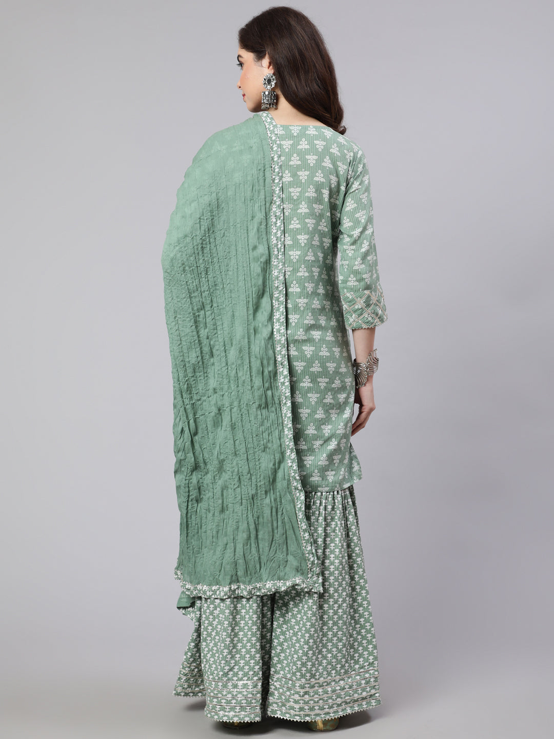 Green Woven Straight Printed Embroidered Kurta Set With Solid Dupatta