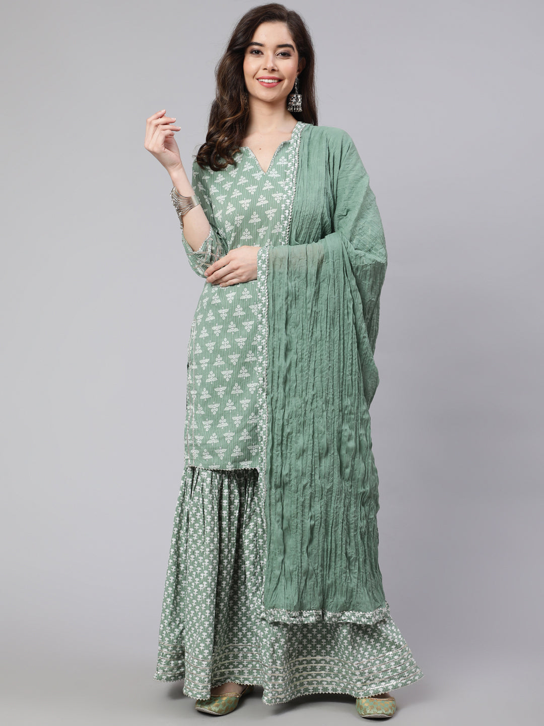 Green Woven Straight Printed Embroidered Kurta Set With Solid Dupatta