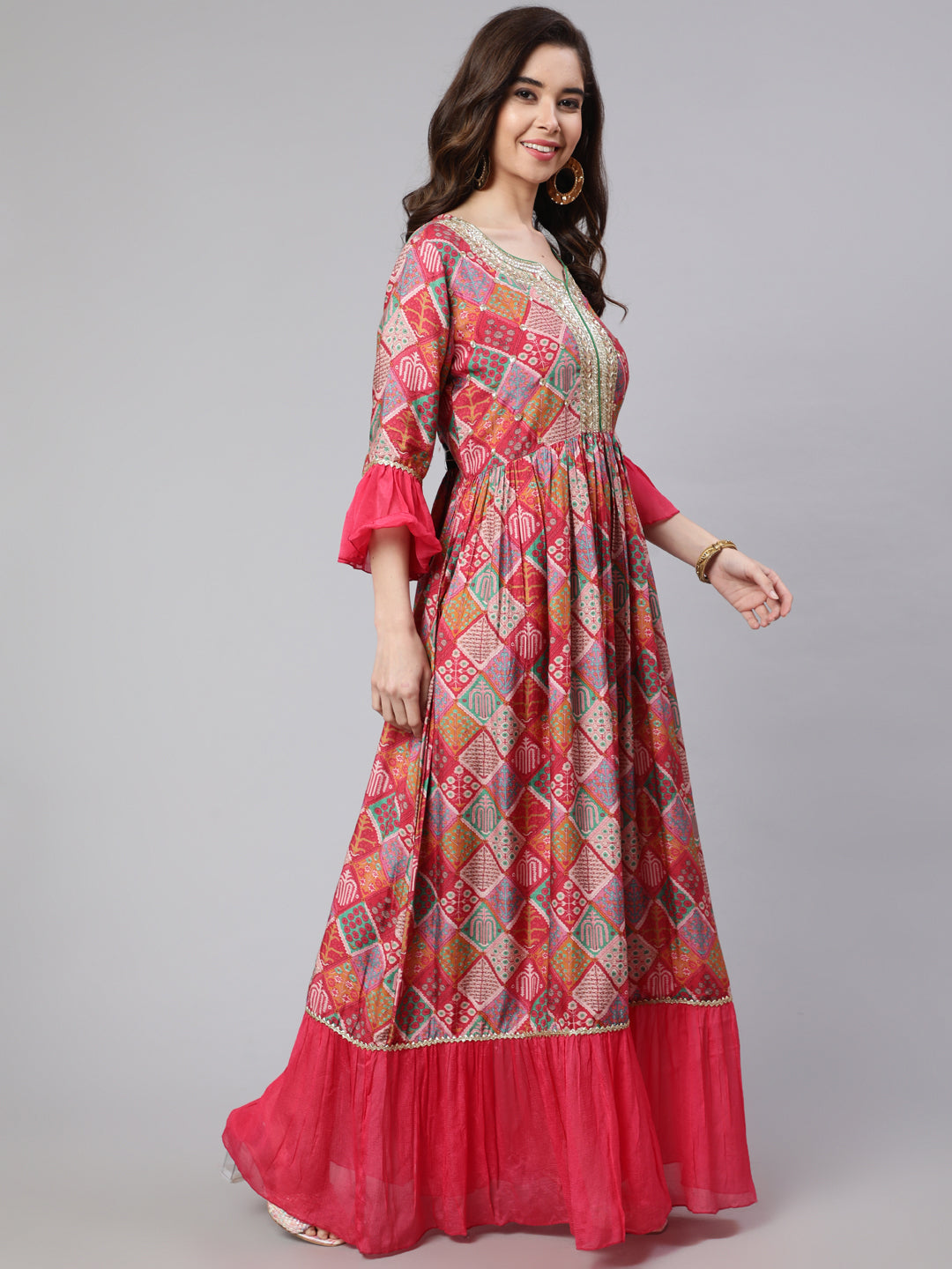 Pink Muslin Digital Printed Embroidered Flared Kurta With Solid Dupatta