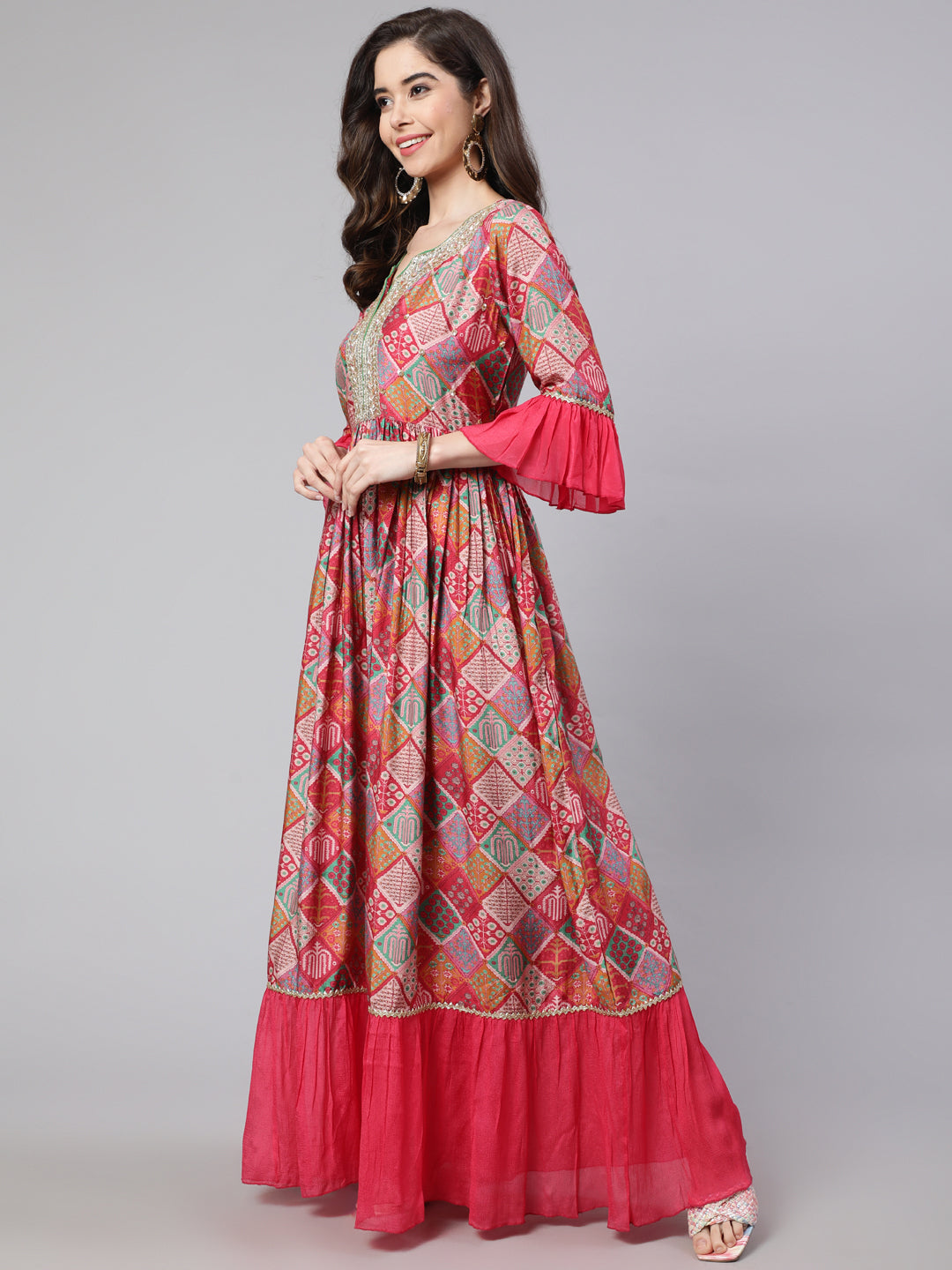 Pink Muslin Digital Printed Embroidered Flared Kurta With Solid Dupatta
