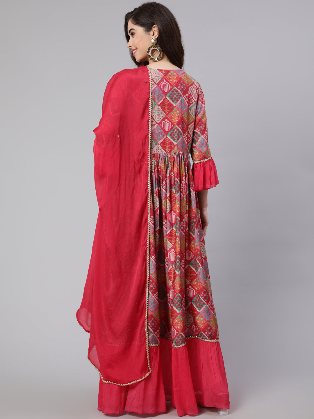Pink Muslin Digital Printed Embroidered Flared Kurta With Solid Dupatta
