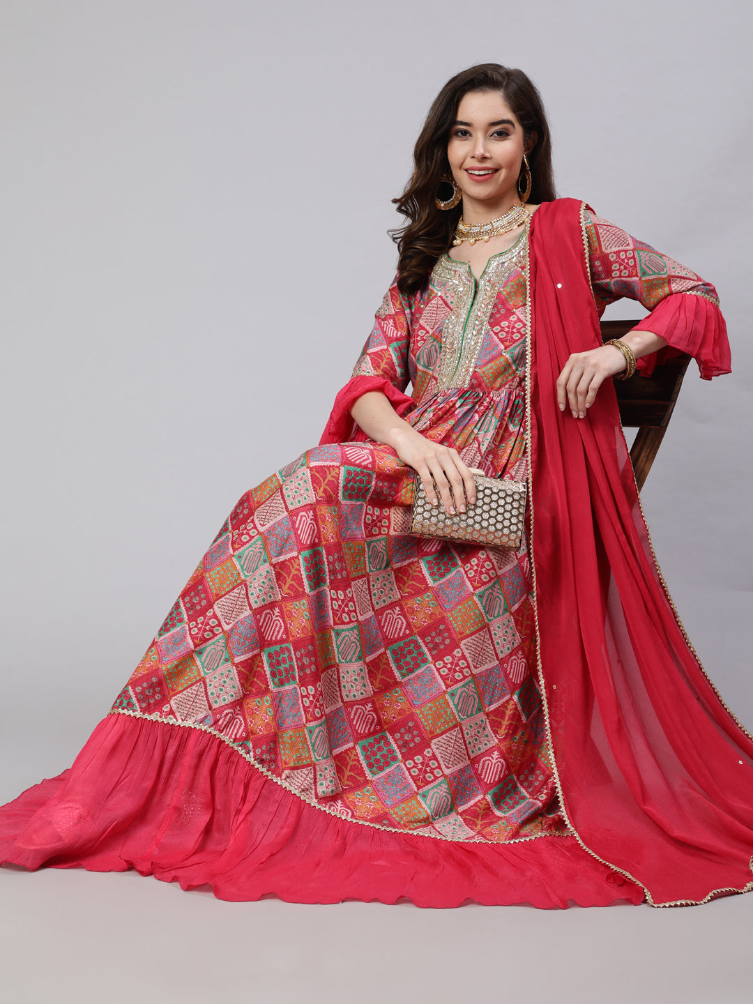Pink Muslin Digital Printed Embroidered Flared Kurta With Solid Dupatta