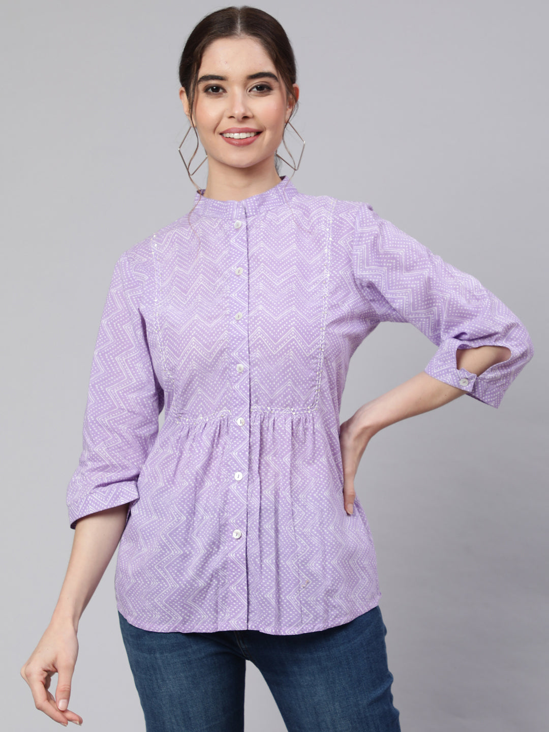 Lavender Zigzag Embroidered Printed Ethnic Shirt