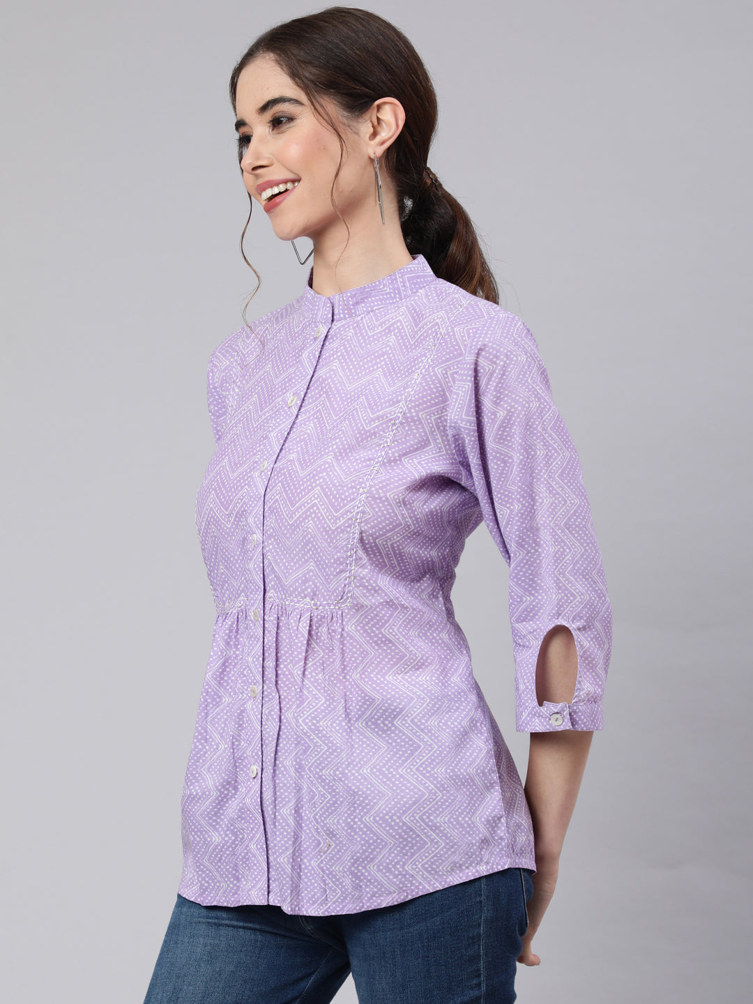Lavender Zigzag Embroidered Printed Ethnic Shirt
