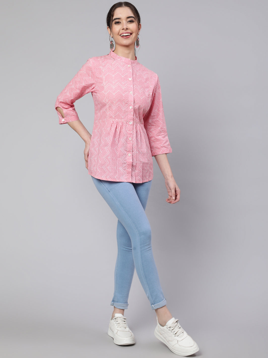 Pink Zigzag Embroidered Printed Ethnic Shirt