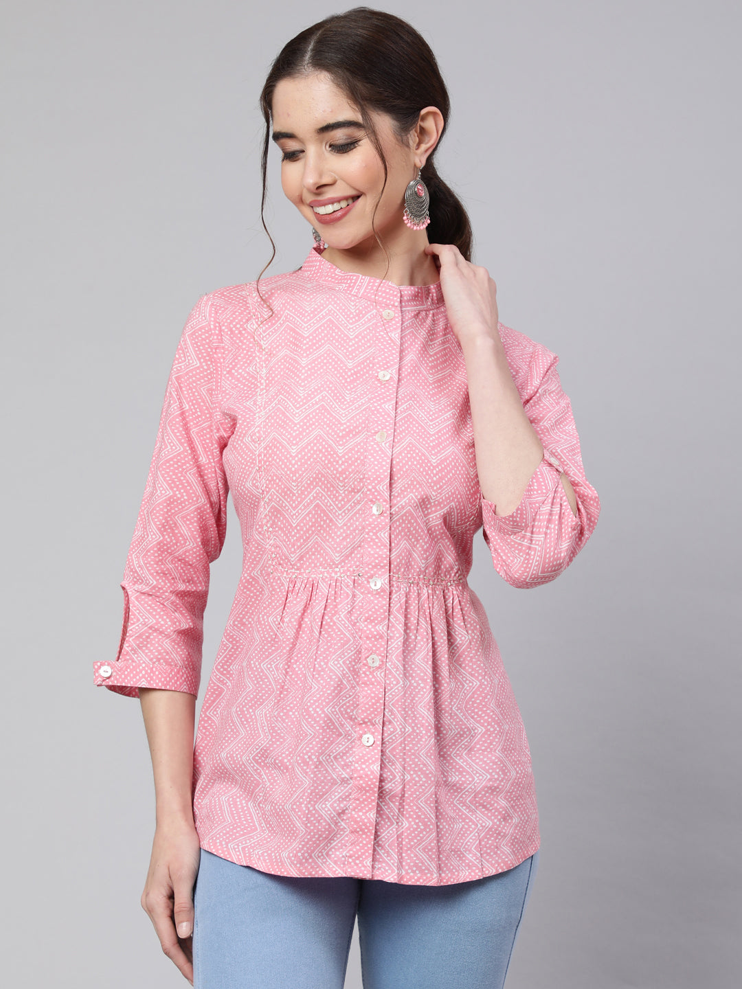 Pink Zigzag Embroidered Printed Ethnic Shirt