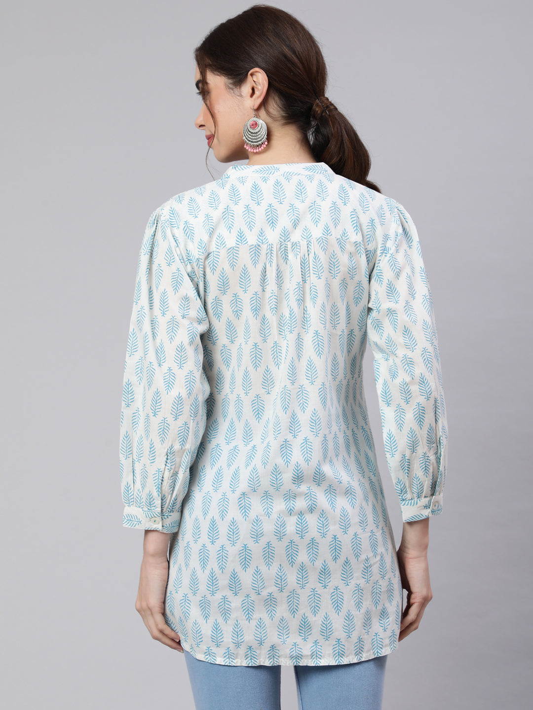 White And Turquoise Blue Printed Pleated Top