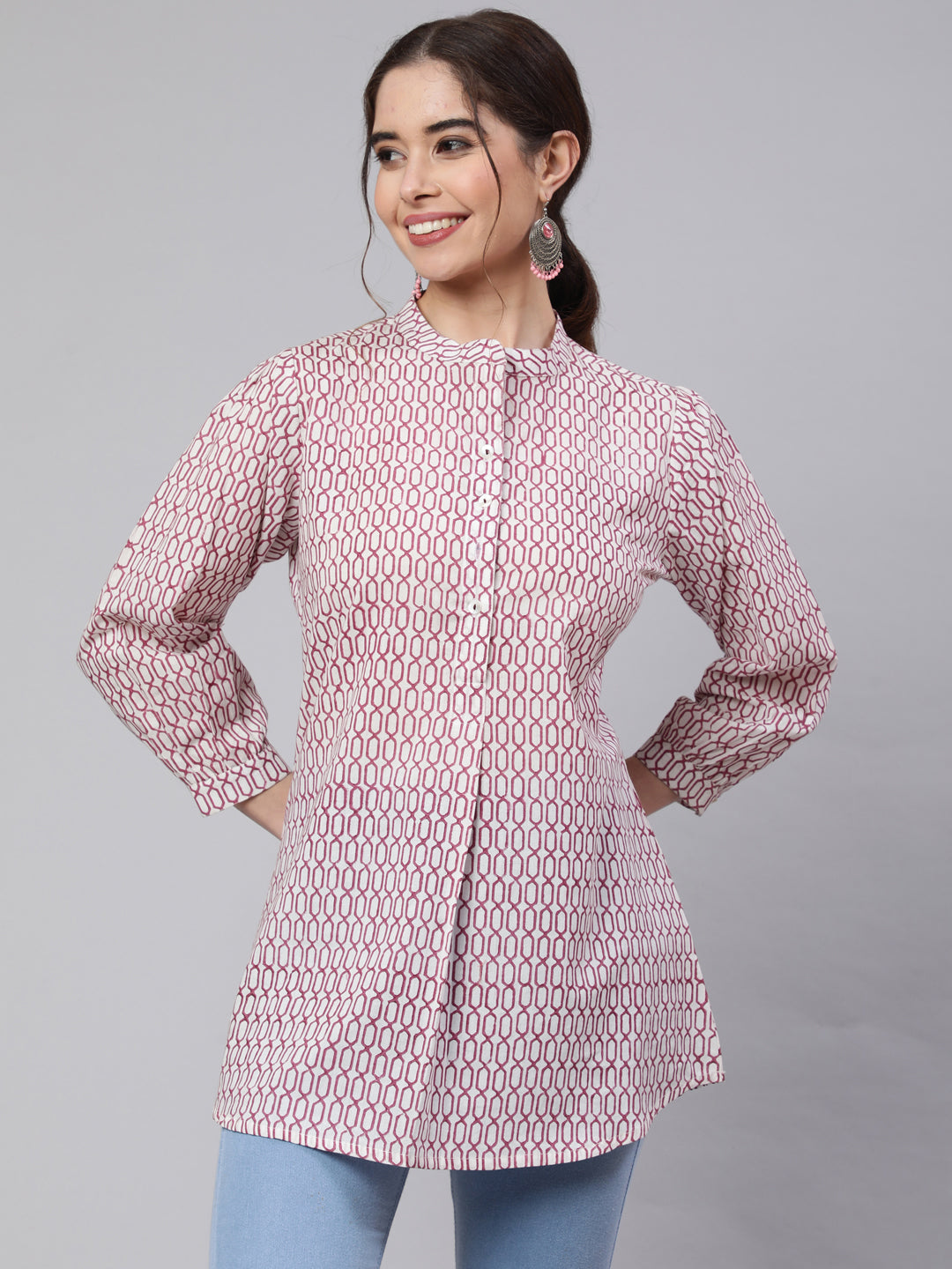 White And Magenta Printed Pleated Top