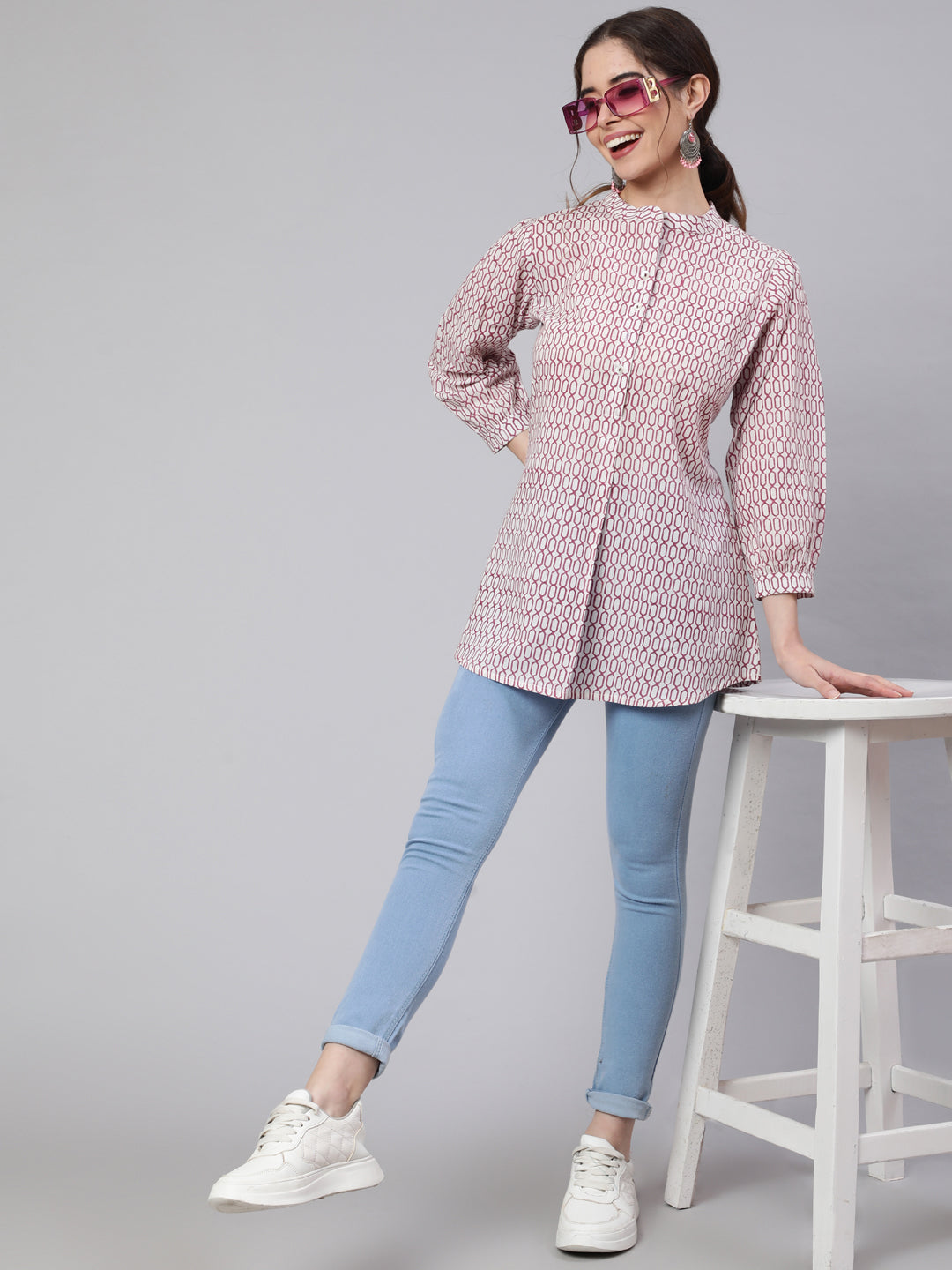 White And Magenta Printed Pleated Top