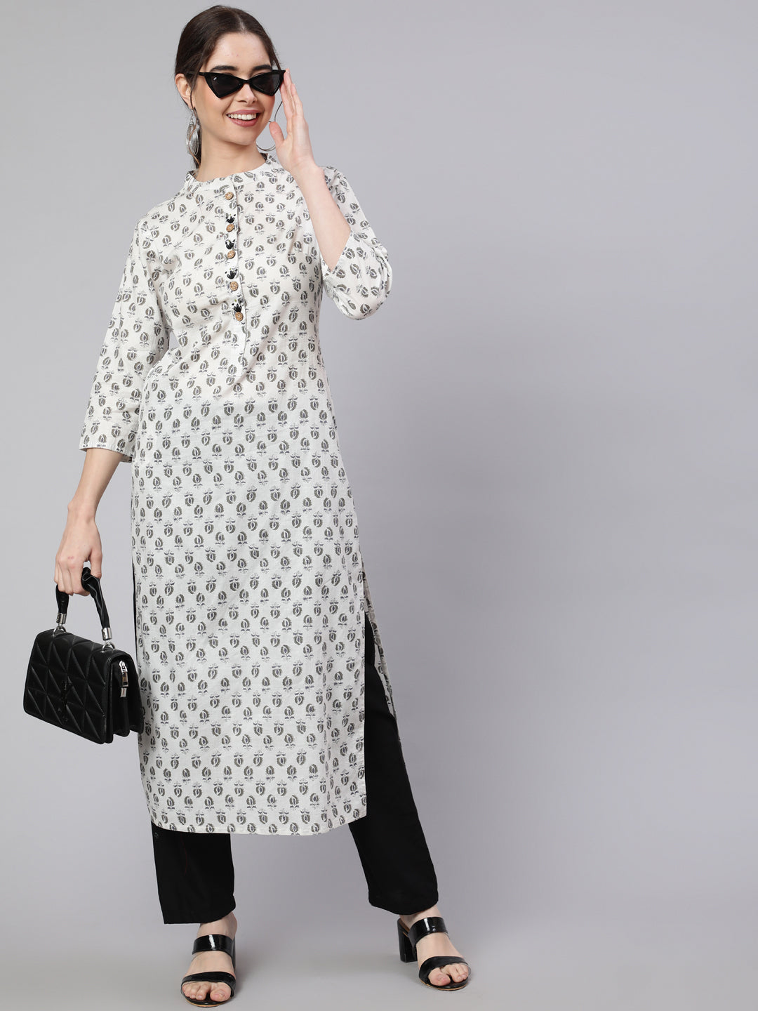 White & Grey Straight Fit Cotton Embroidered Kurta