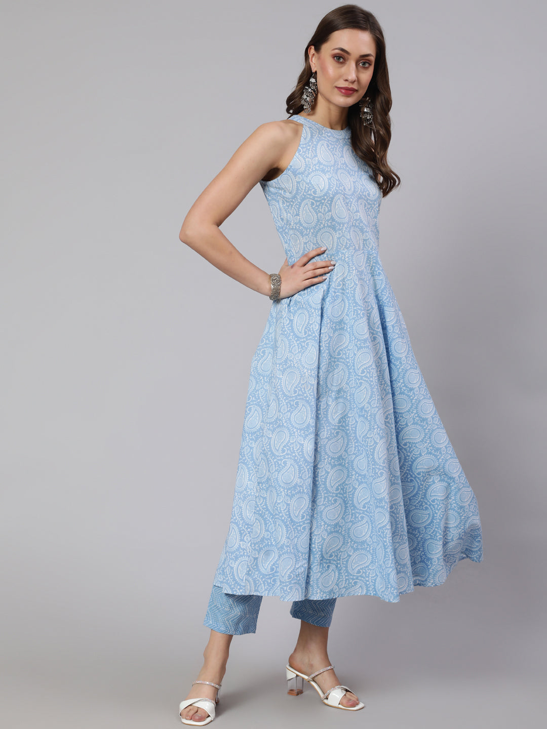 Blue Printed Halter Neck Kurta With Printed Pants And Dupatta
