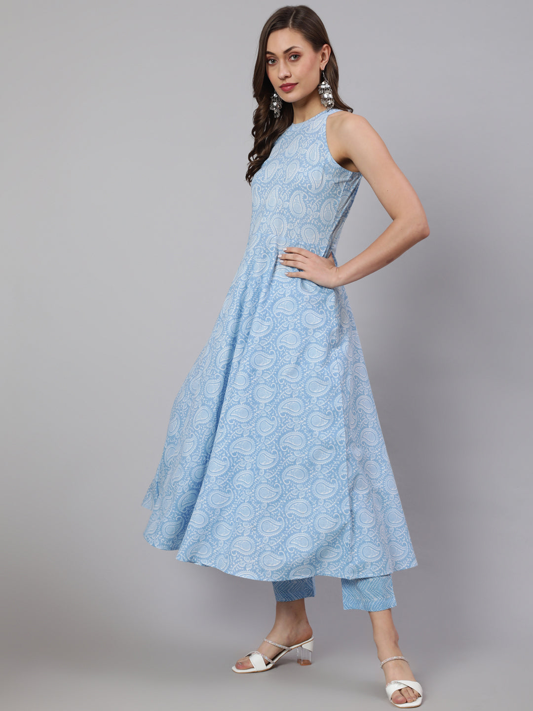 Blue Printed Halter Neck Kurta With Printed Pants And Dupatta