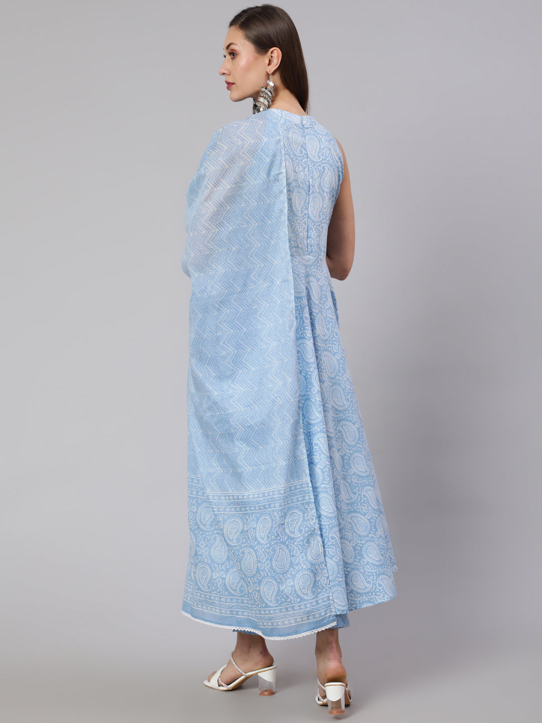 Blue Printed Halter Neck Kurta With Printed Pants And Dupatta
