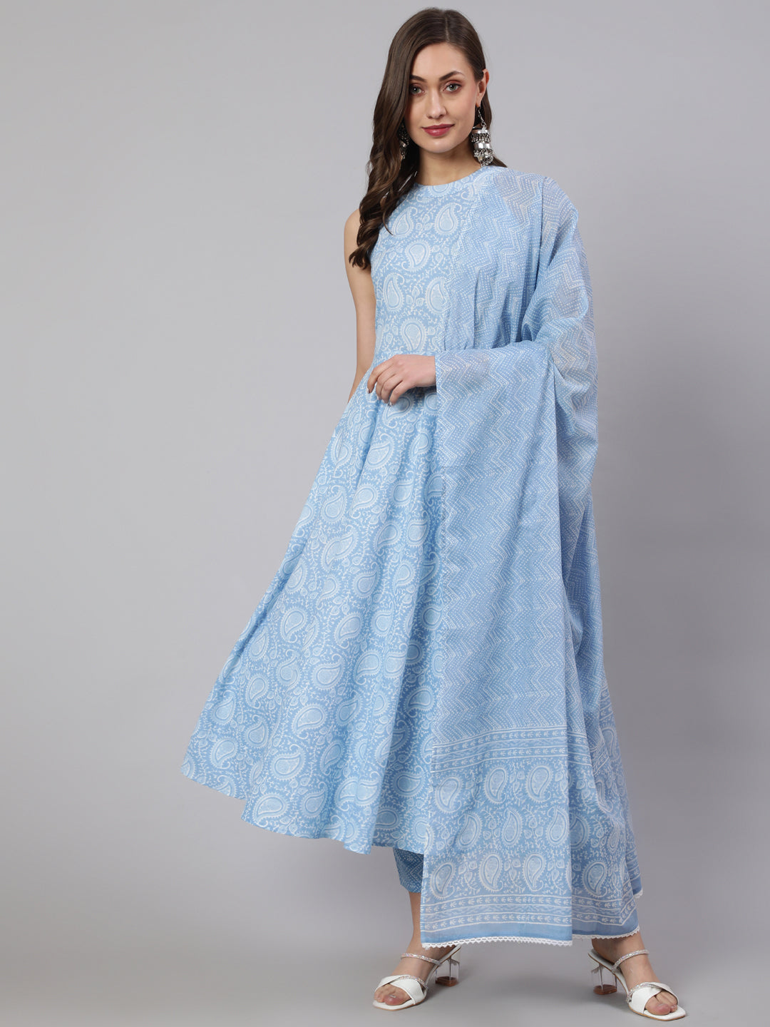 Blue Printed Halter Neck Kurta With Printed Pants And Dupatta