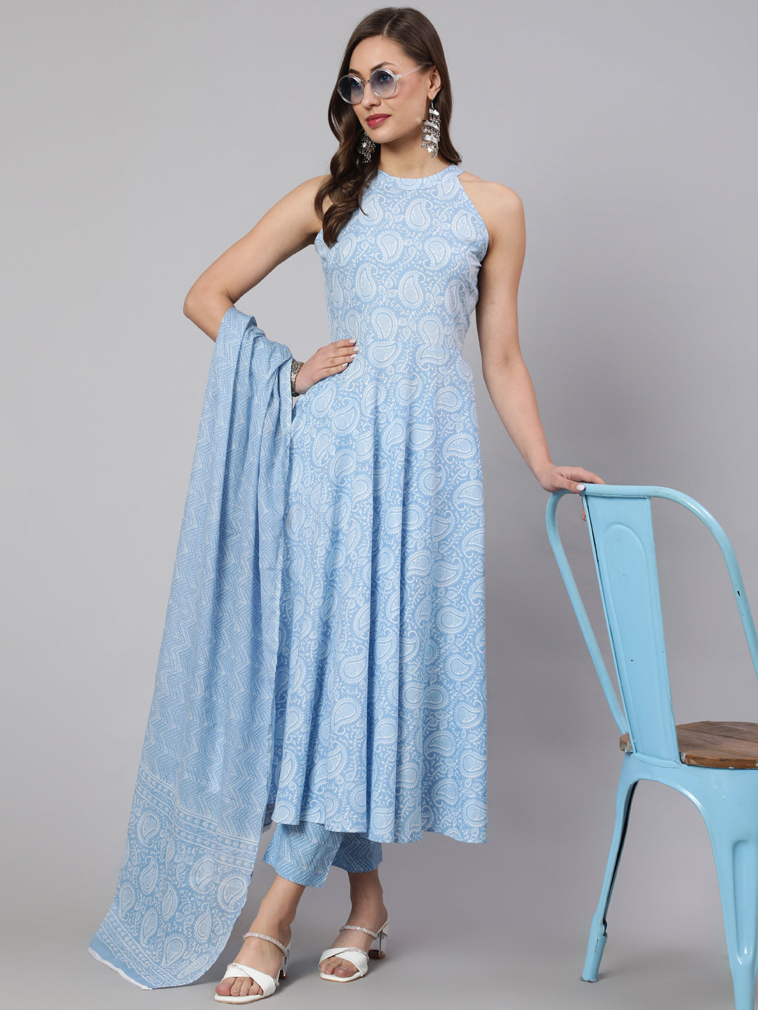 Blue Printed Halter Neck Kurta With Printed Pants And Dupatta