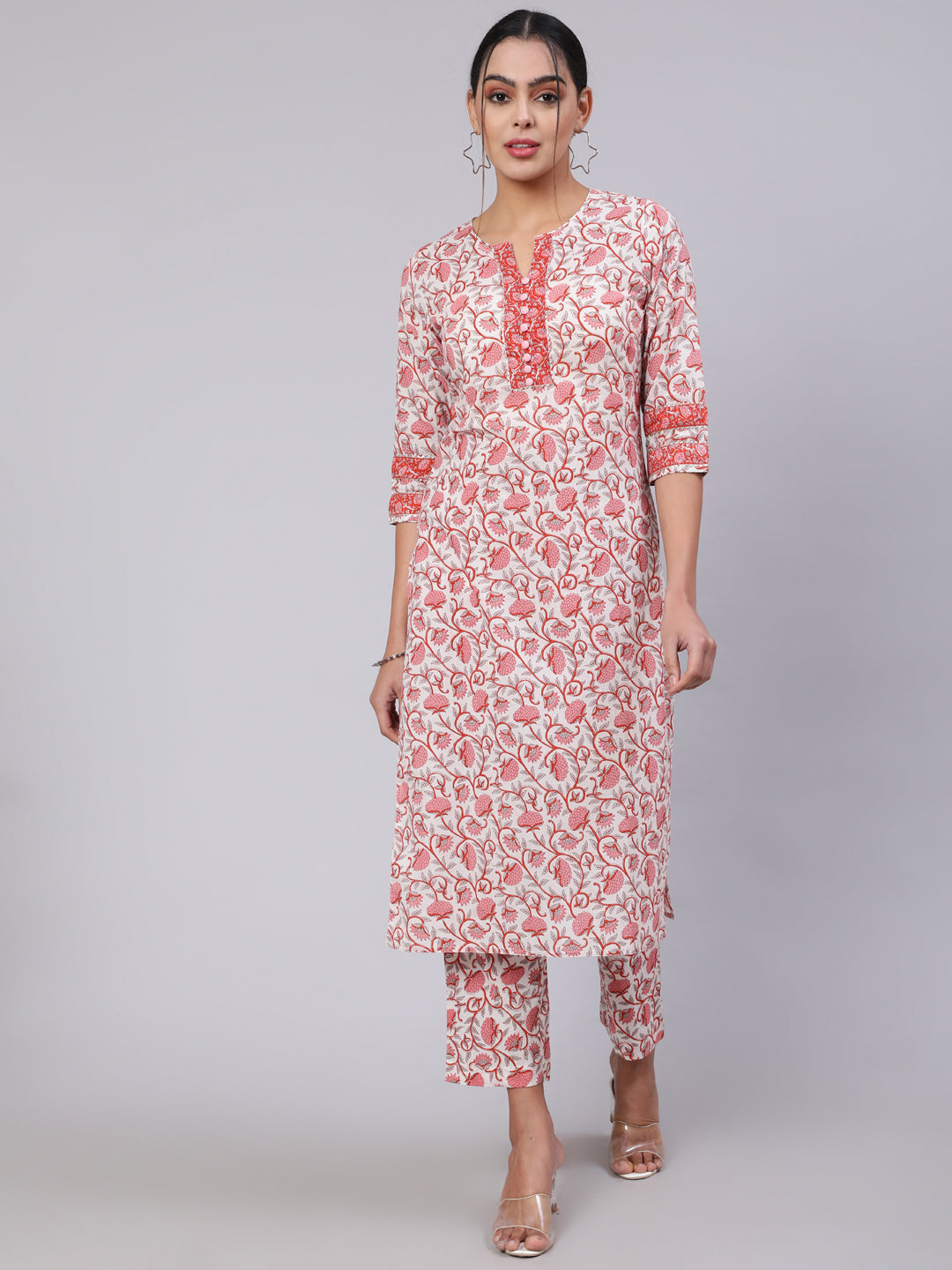 White & Pink Printed Straight Kurta Paired With Printed Palazzo